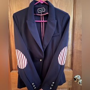LOVE TREE women’s soft/stretchy navy blazer with red/white stripe elbow patch